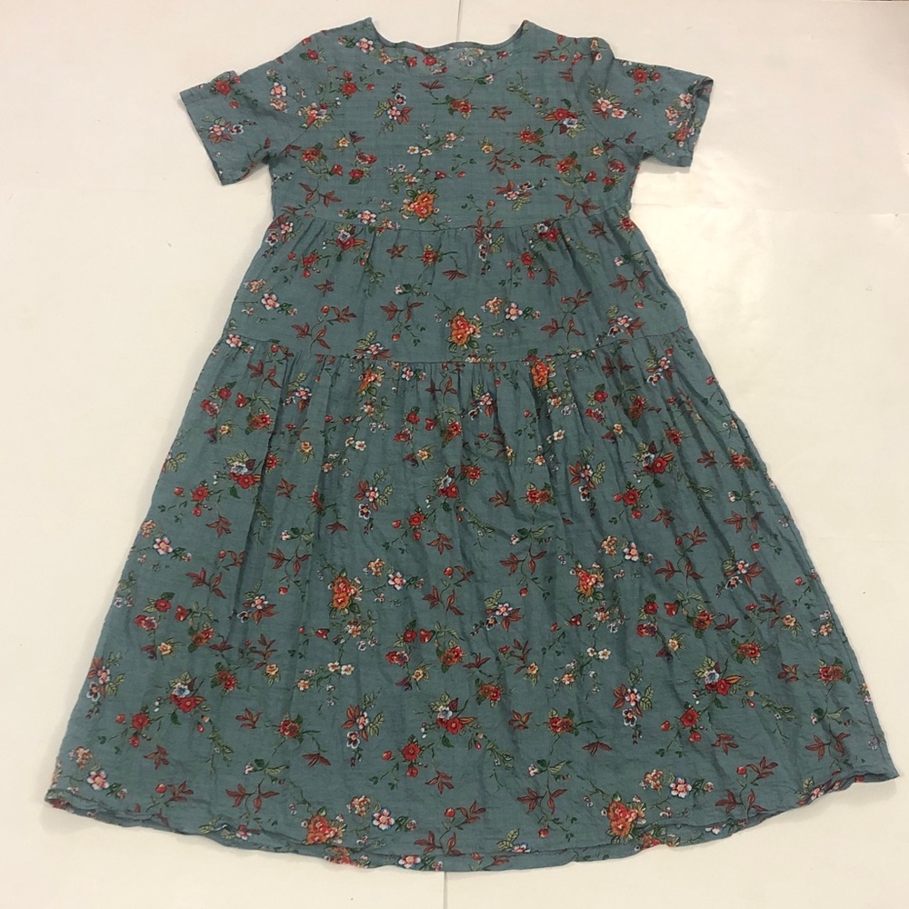 YesNo L Blue Dress Red Floral Long Maxi 2 Pocket Short sleeve Excellent Conditio